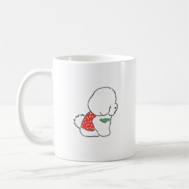 Söt Handritad Fluffig Vit Valp i Röda Prickar Kaffemugg (Vänster)