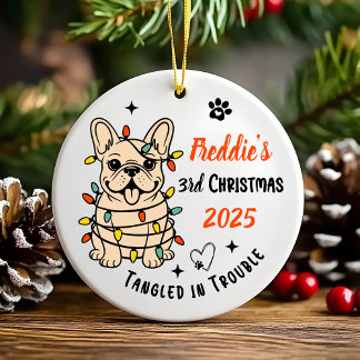 Söt handritad fransk bulldogs första jul julgransprydnad keramik