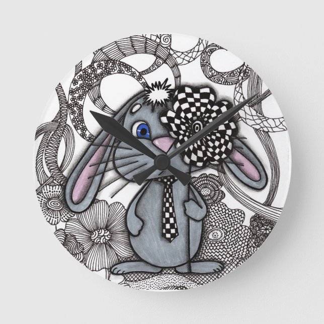 Söt handritad kanin kanin zen doodle väggklocka (Framsida)