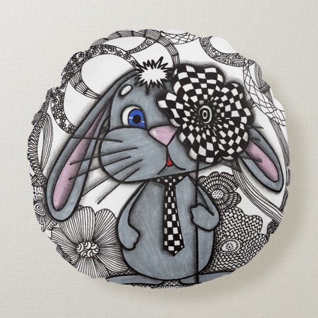 Söt Handritad Kanin Zen Doodle Rund Kudd Kudde (Framsidan)