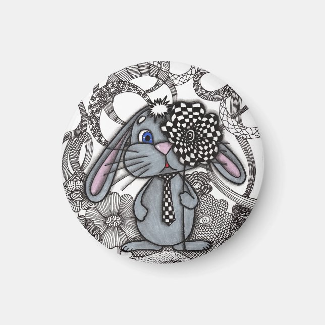 Söt Handritad Kanin Zen Doodle Rund Magnet (Framsidan)