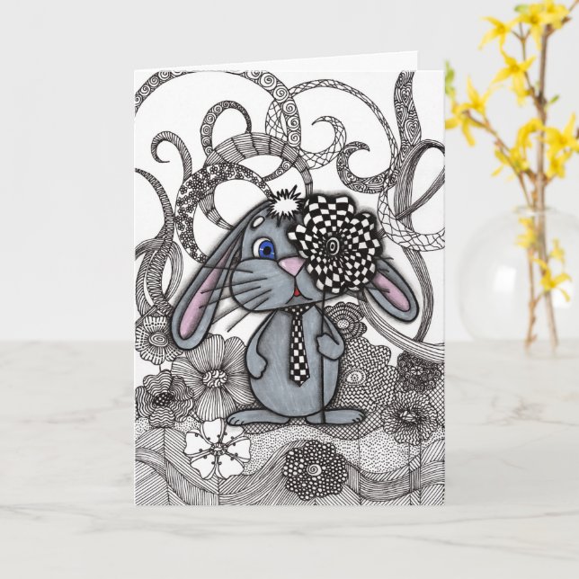 Söt Handritad Kanin Zen Doodle Välkomstkort C Kort (Gul blomma)