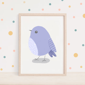 Söt Handritad Lila Fågel Barnkammare Konst Poster