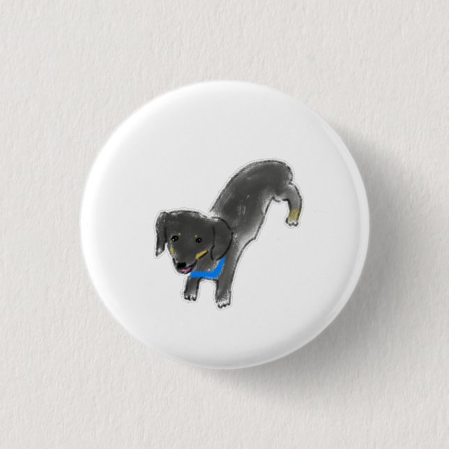 Söt handritad sträckande svart och tan dachshund knapp (Framsida)