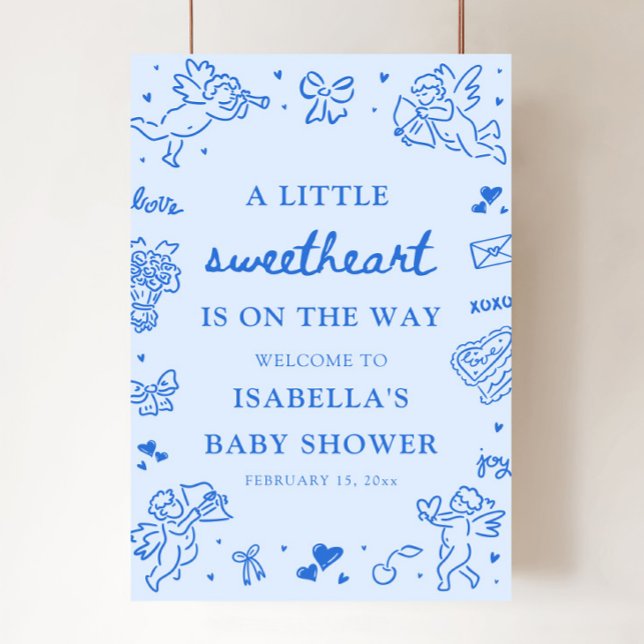 Söt handritad välkomstskylt för Valentine baby sho Poster (Blue Hand Drawn Valentine Baby Shower Welcome Sign)