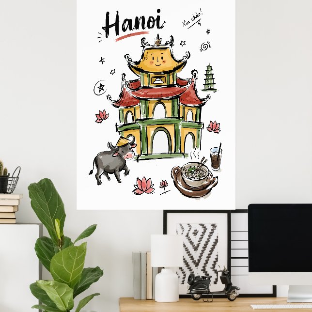 Söt Hanoi-pagoda Vietnam Doodle Art Poster (Hemmakontoret)