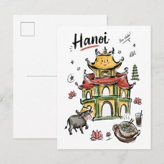 Söt Hanoi-pagoda Vietnam Doodle Art Vykort