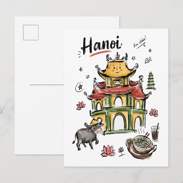 Söt Hanoi-pagoda Vietnam Doodle Art Vykort (Fram/baksida)
