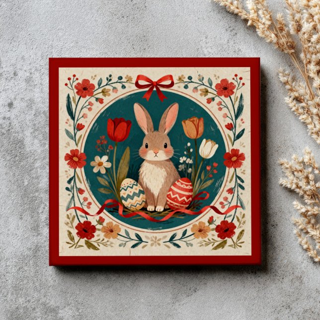 Söt hare med ägg och blommor Botanisk påsk  Kakelplatta (Skapare uppladdad)