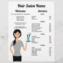 Söt hårfrisörskvinna ritar frisersalong meny