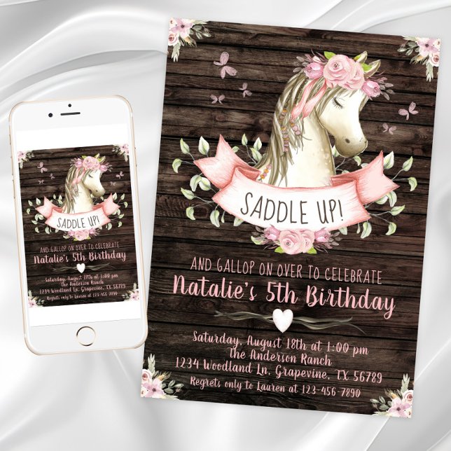 Söt häst födelsedagsfest inbjudningar (Girl horse birthday party invitation with horse, flowers, butterflies. Digital and print available.)