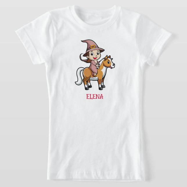 Söt häst ridande häxa t shirt (Laydown)