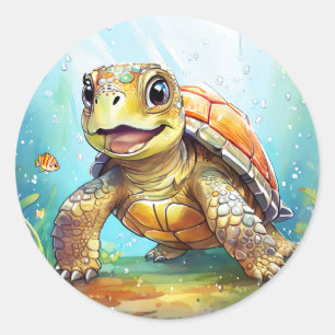 Söt havssköldpadda i Ocean Cartoon Runt Klistermärke