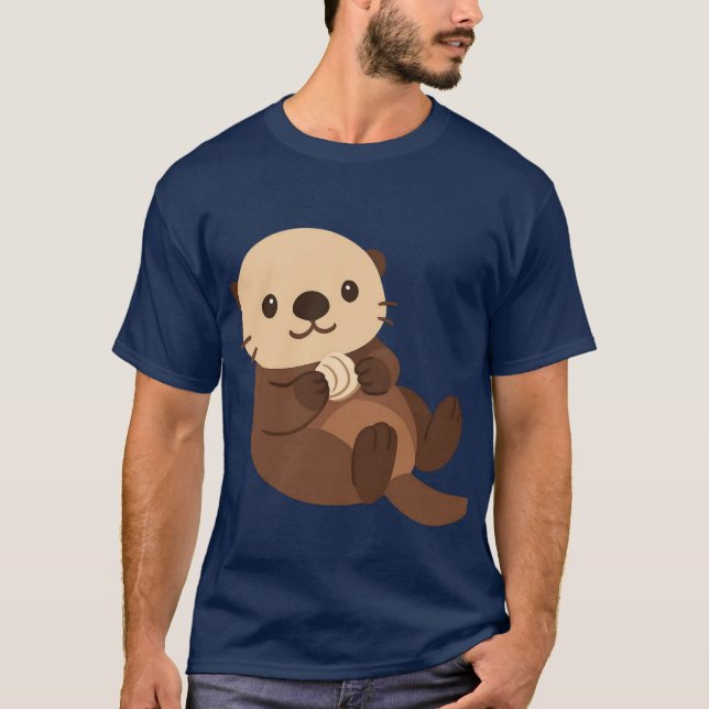Söt havsutter som håller skal t shirt (Framsida)