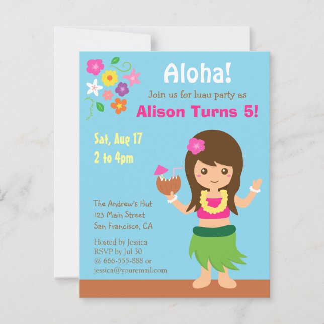 Söt hawaii-huladanserska Luau-födelsedagsfest Inbjudningar (Framsida)