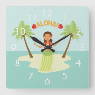 Söt hawaiiansk hula-flicka Luau-klocka med nummer Fyrkantig Klocka