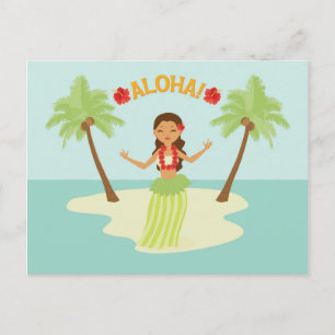 Söt hawaiiansk hula-flicka luau palmträd ö vykort