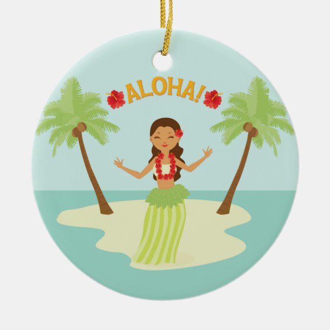Söt hawaiiansk luau-hula-flicka-ornament julgransprydnad keramik (Framsidan)