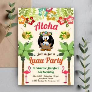 Söt hawaiiansk pingvin   Luau-födelsedagsfestinbju Inbjudningar
