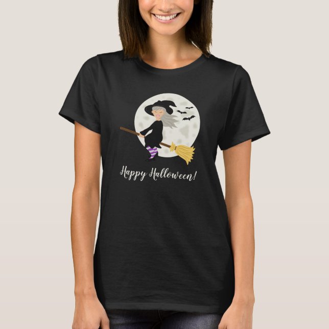 Söt häx flicka flygande & Glad Halloween text T Shirt (Framsida)