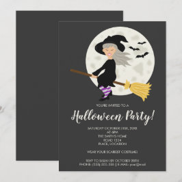 Söt häx flicka flygande på en kvast Halloween-fest Inbjudningar