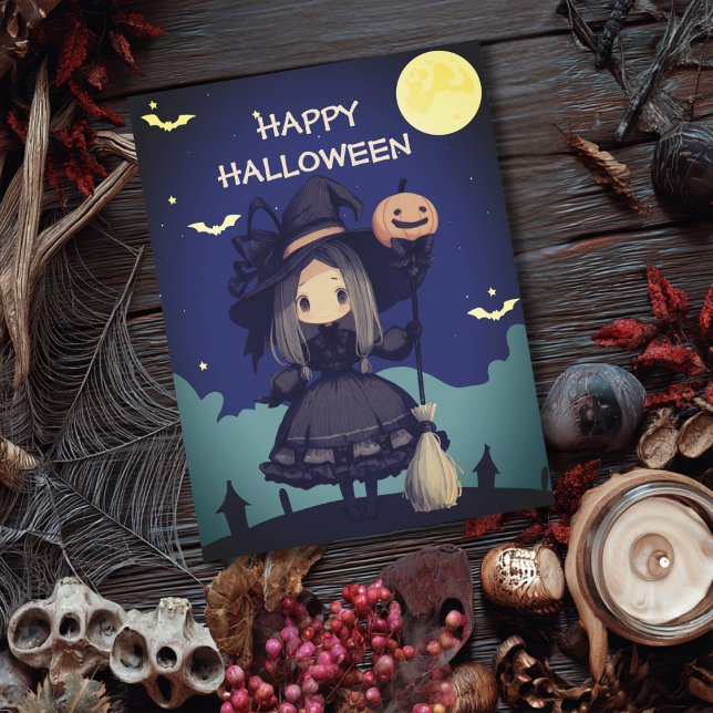 Söt häx flicka hennes kvast & pumpa barn Halloween Vykort (Skapare uppladdad)