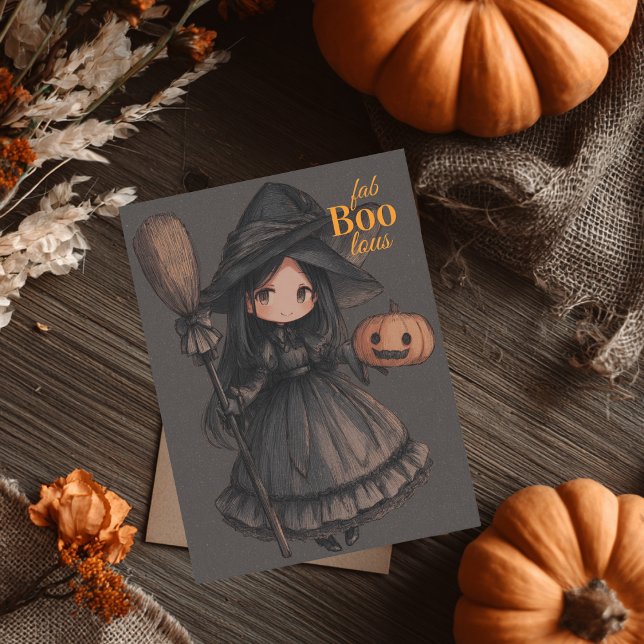 Söt häx flicka hennes kvast & pumpa barn Halloween Vykort (Skapare uppladdad)