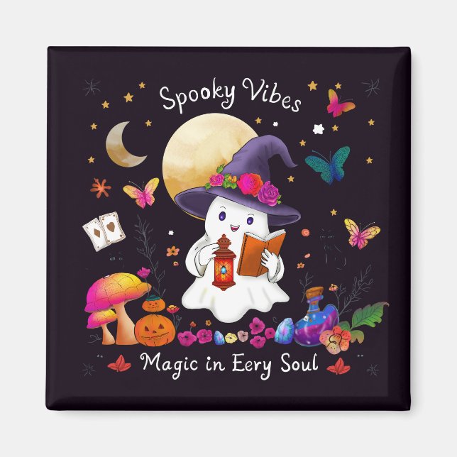 Söt Häx Ghost Halloween Välkomstkort | Spö Magnet (Framsidan)