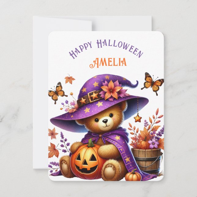 Söt Häxa Björn Pumpa Gott Halloween Julkort (Framsida)