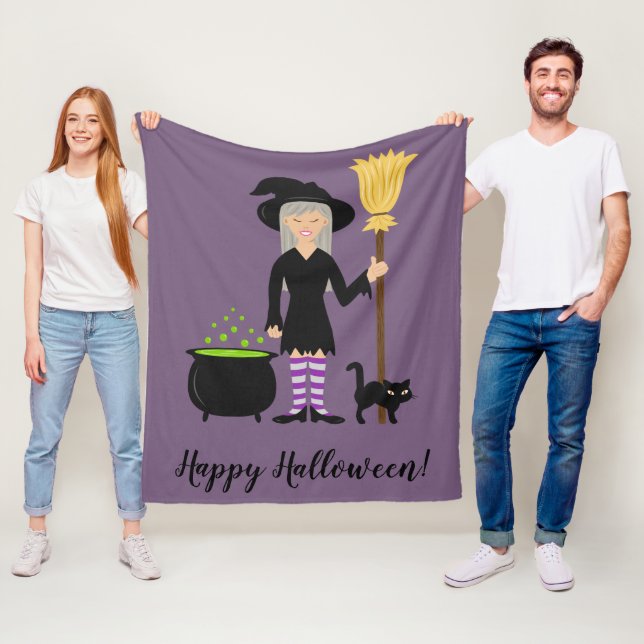 Söt Häxa Flickan Och Katten Glad Halloween Text Fleecefilt (På plats)