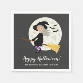 Söt häxa flygande på kvast Halloween-fest Pappersservett