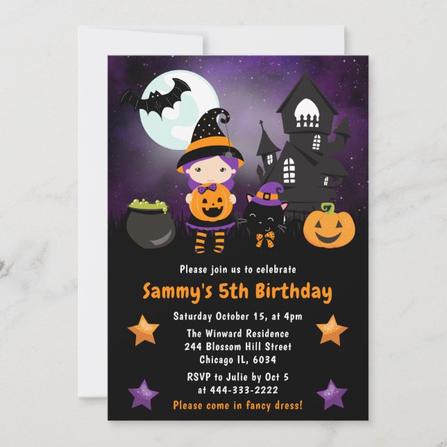 Söt häxa Halloween-scenen födelsedagsfest Inbjudningar (Framsida)