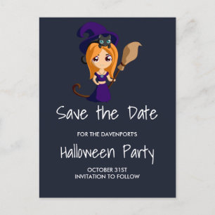 Söt häxa i lila hatt Halloween Spara datum Meddelande Vykort