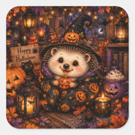 Söt Häxa Igelkott Glad Halloween Mysig Pumpa Fyrkantigt Klistermärke