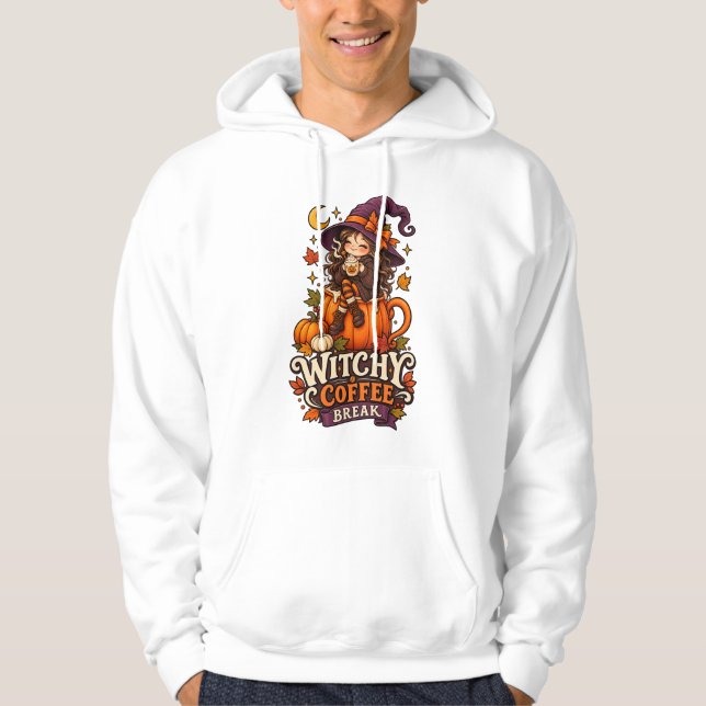 Söt Häxa Kaffe Rast Halloween Pumpa Höst V Hoodie (Framsida)