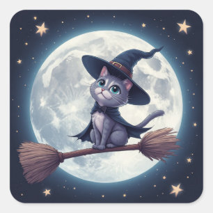Söt häxa katt på kvast under fullmånehimmel 🎃 fyrkantigt klistermärke