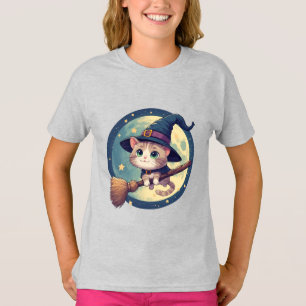 Söt häxa katt ridande kvast månljustema 🎃 t shirt