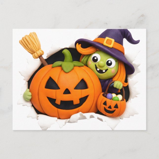 Söt häxa och Jack-o'-Lantern lerkonstfigur Vykort (Framsida)