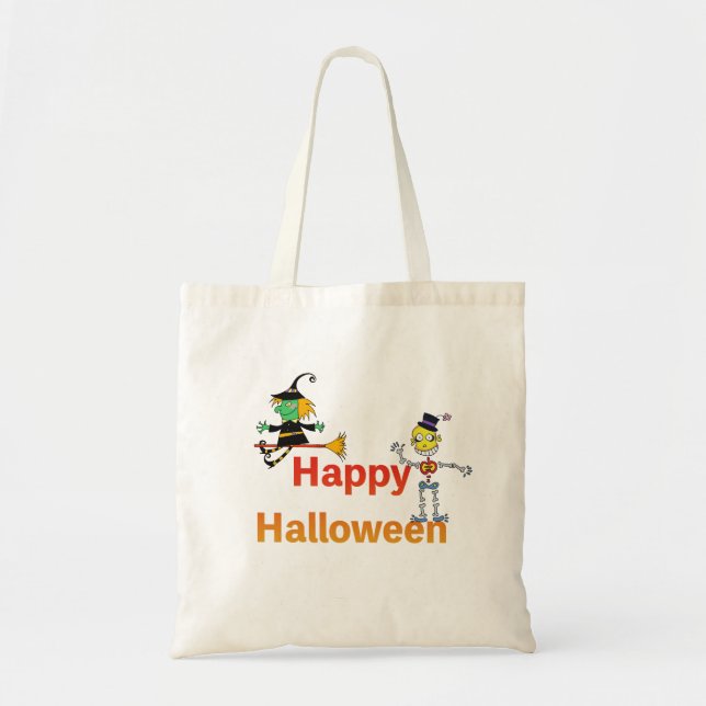 Söt häxa och skelett Halloween-skulptur Tygkasse (Framsidan)