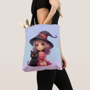 Söt häxa och svart katt Rosa och blå Halloween Tygkasse