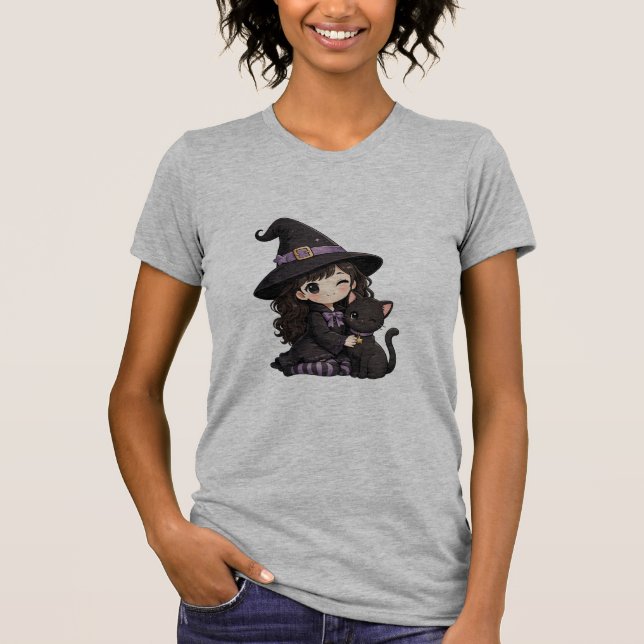 Söt häxa och svart katt t shirt (Framsida)
