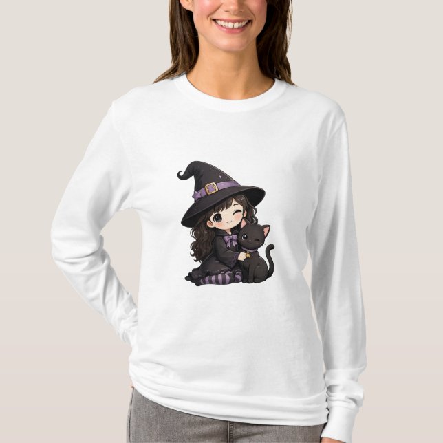 Söt häxa och svart katt  t shirt (Framsida)
