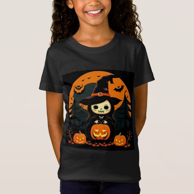 Söt häxa som håller pumpa i spöklik Halloween T Shirt (Framsida)