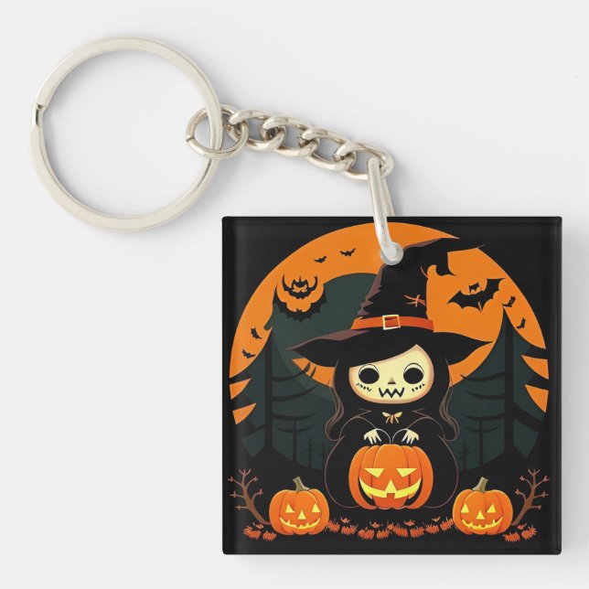 Söt häxa som håller pumpa på läskig Halloween (Framsidan)