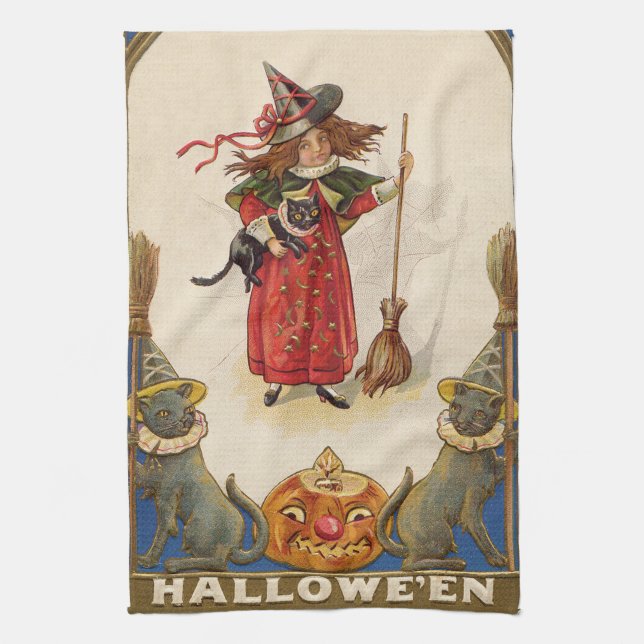 Söt häxa Svart katt Jack O' Lantern Kökshandduk (Vertikal)