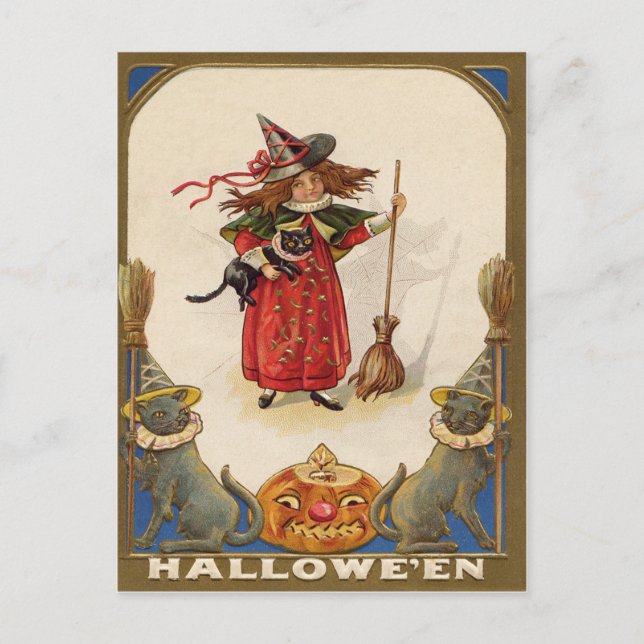 Söt häxa Svart katt Jack O' Lantern Vykort (Framsida)