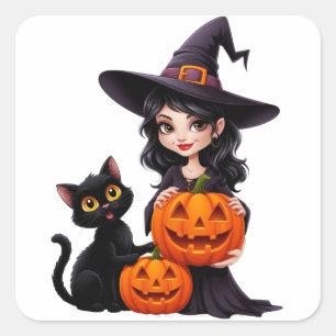 Söt häxa svart katt pumpa Halloween 🧙‍♀️ Fyrkantigt Klistermärke