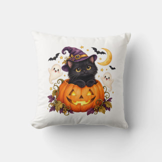 Söt häxa svart katt pumpa Halloween kudde