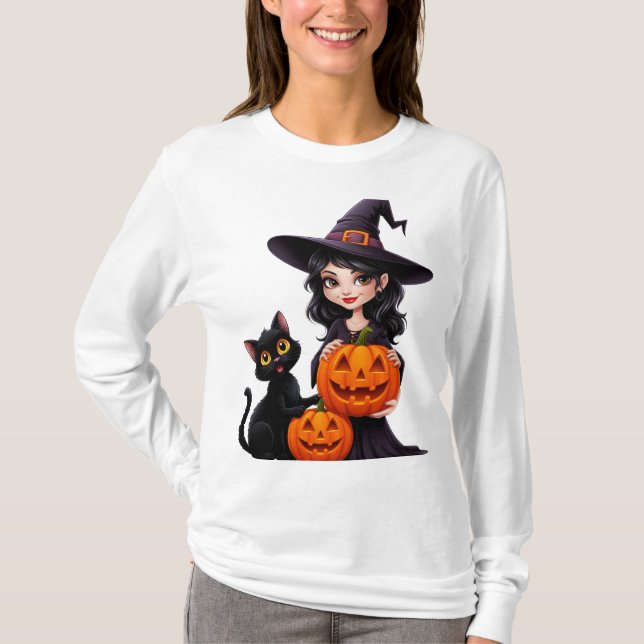Söt häxa Svarta katter Pumpa Halloween 🧙‍♀️ T Shirt (Framsida)