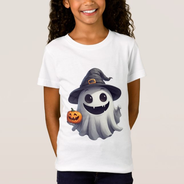 Söt häxande ghost med pumpa för Halloween 👻 T Shirt (Framsida)
